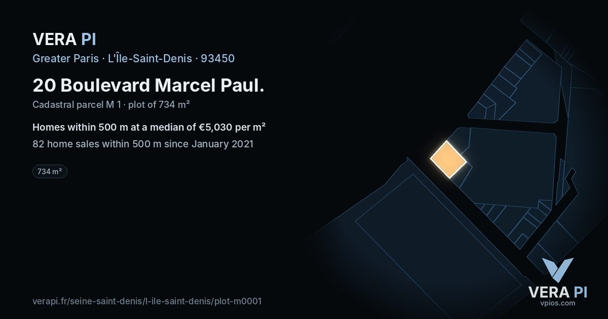 20 Boulevard Marcel Paul, L'Île-Saint-Denis at night – the plot lit, the parcels around coloured by the prices near them