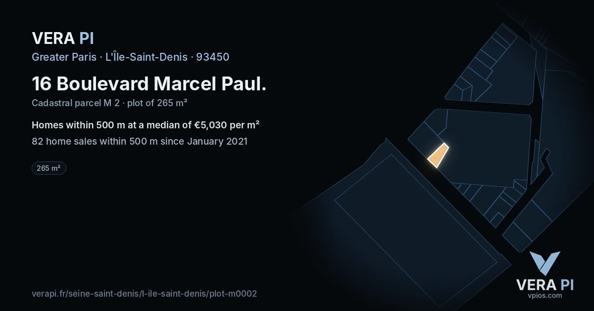 16 Boulevard Marcel Paul, L'Île-Saint-Denis at night – the plot lit, the parcels around coloured by the prices near them