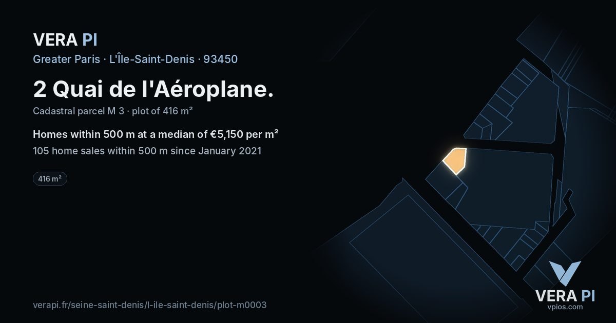 2 Quai de l'Aéroplane, L'Île-Saint-Denis at night – the plot lit, the parcels around coloured by the prices near them