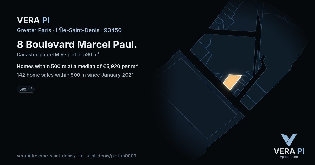 8 Boulevard Marcel Paul, L'Île-Saint-Denis at night – the plot lit, the parcels around coloured by the prices near them