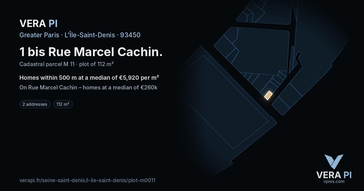 1 bis Rue Marcel Cachin, L'Île-Saint-Denis at night – the plot lit, the parcels around coloured by the prices near them