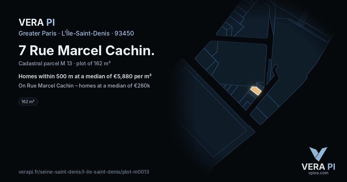 7 Rue Marcel Cachin, L'Île-Saint-Denis at night – the plot lit, the parcels around coloured by the prices near them