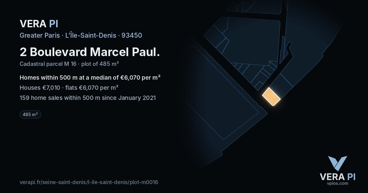 2 Boulevard Marcel Paul, L'Île-Saint-Denis at night – the plot lit, the parcels around coloured by the prices near them