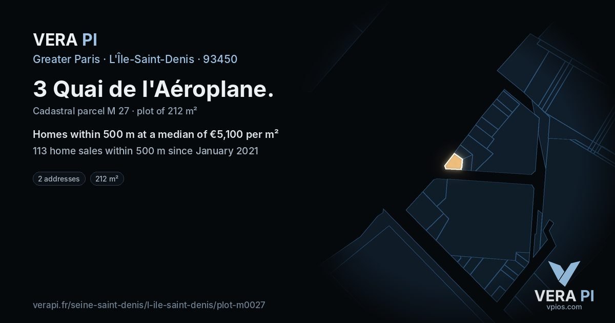 3 Quai de l'Aéroplane, L'Île-Saint-Denis at night – the plot lit, the parcels around coloured by the prices near them
