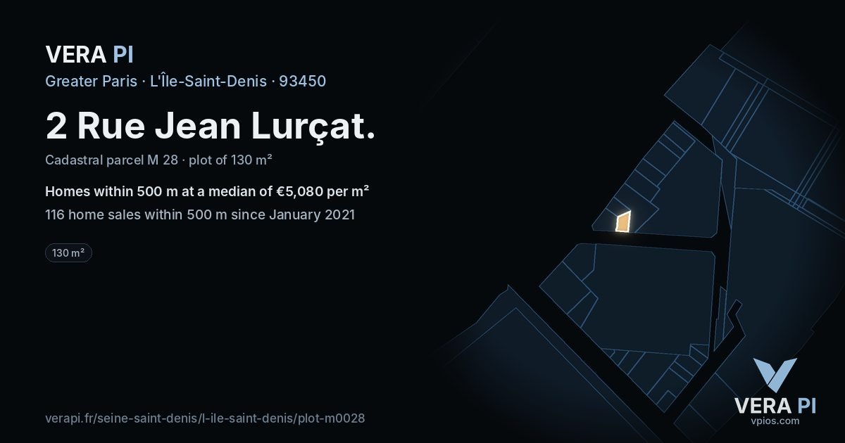 2 Rue Jean Lurçat, L'Île-Saint-Denis at night – the plot lit, the parcels around coloured by the prices near them