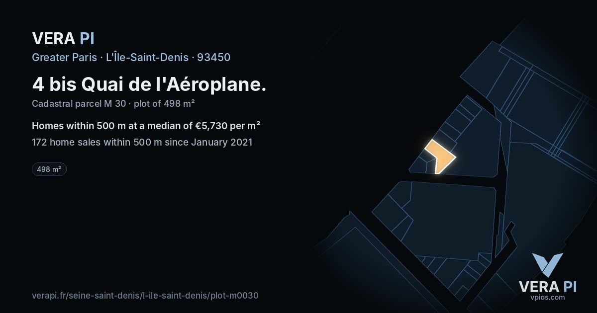 4 bis Quai de l'Aéroplane, L'Île-Saint-Denis at night – the plot lit, the parcels around coloured by the prices near them