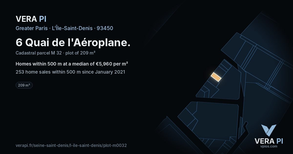 6 Quai de l'Aéroplane, L'Île-Saint-Denis at night – the plot lit, the parcels around coloured by the prices near them