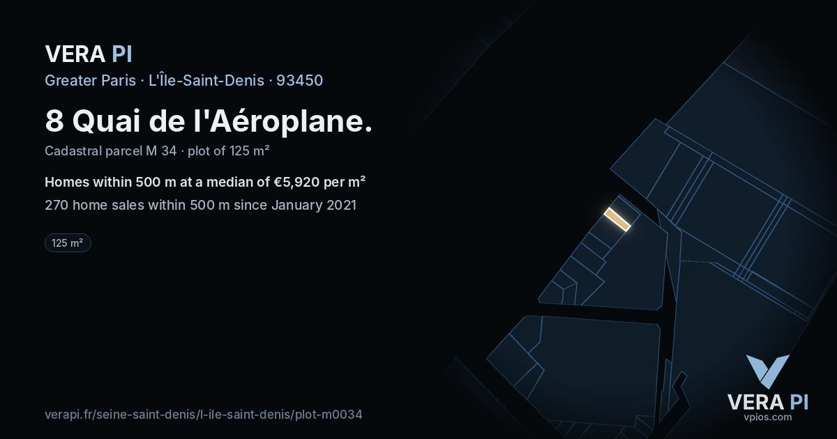 8 Quai de l'Aéroplane, L'Île-Saint-Denis at night – the plot lit, the parcels around coloured by the prices near them