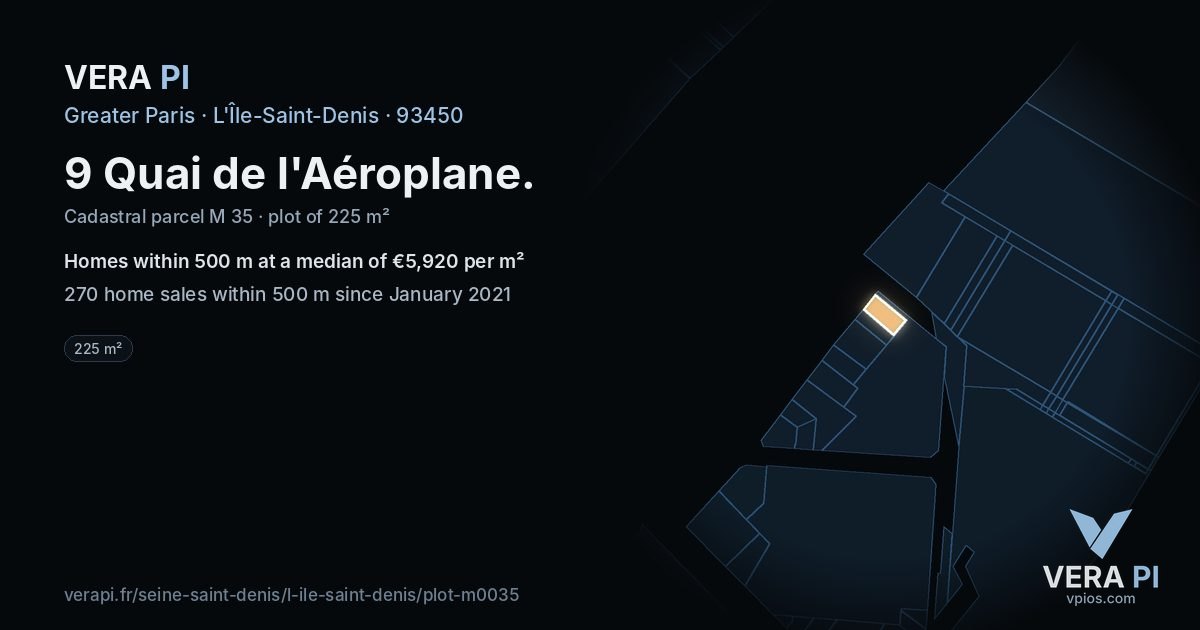 9 Quai de l'Aéroplane, L'Île-Saint-Denis at night – the plot lit, the parcels around coloured by the prices near them