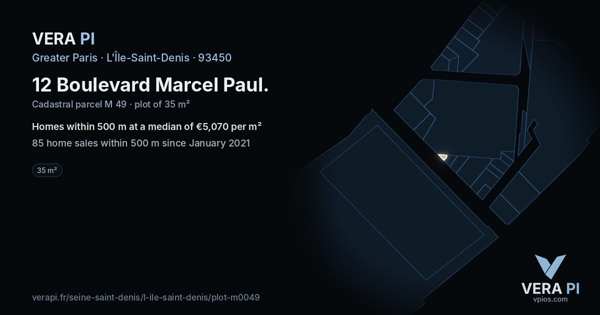 12 Boulevard Marcel Paul, L'Île-Saint-Denis at night – the plot lit, the parcels around coloured by the prices near them