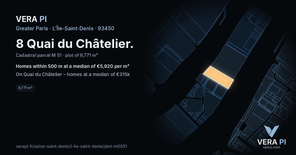 8 Quai du Châtelier, L'Île-Saint-Denis at night – the plot lit, the parcels around coloured by the prices near them