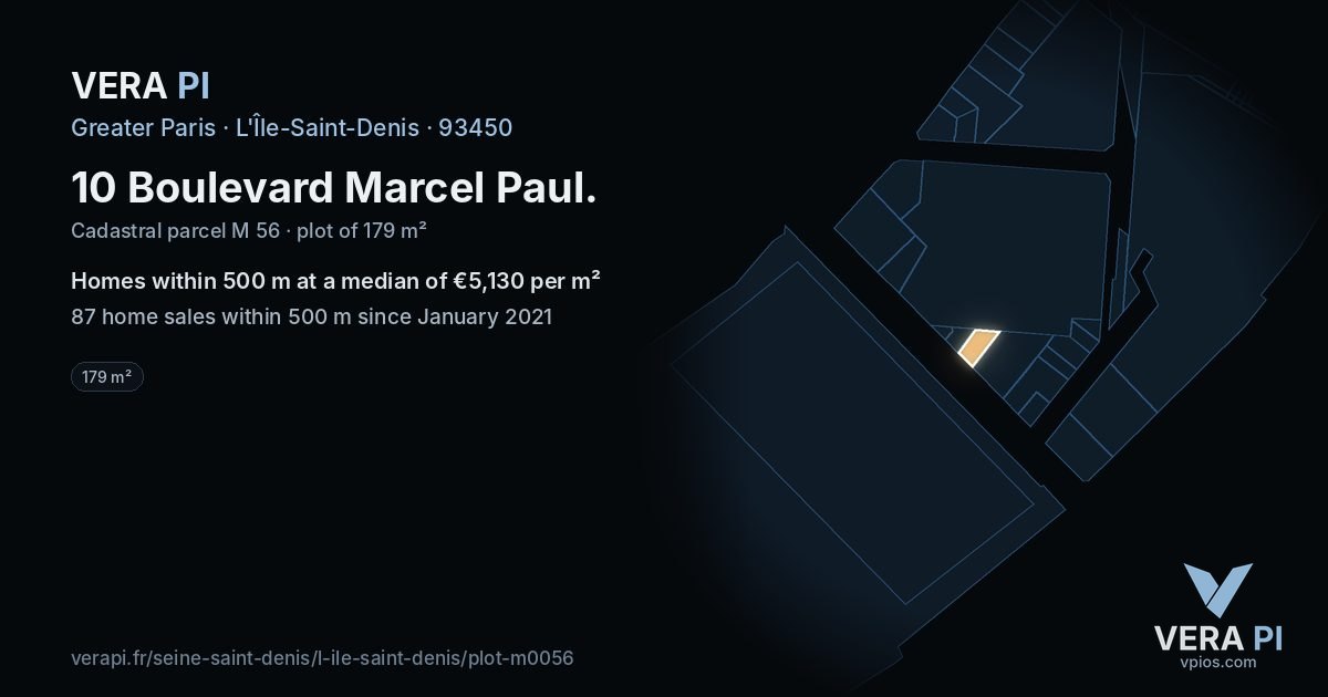 10 Boulevard Marcel Paul, L'Île-Saint-Denis at night – the plot lit, the parcels around coloured by the prices near them