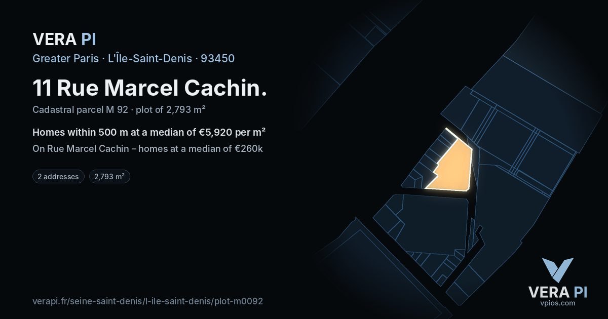 11 Rue Marcel Cachin, L'Île-Saint-Denis at night – the plot lit, the parcels around coloured by the prices near them