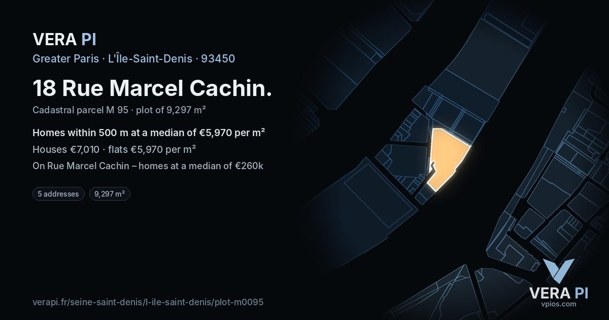 18 Rue Marcel Cachin, L'Île-Saint-Denis at night – the plot lit, the parcels around coloured by the prices near them