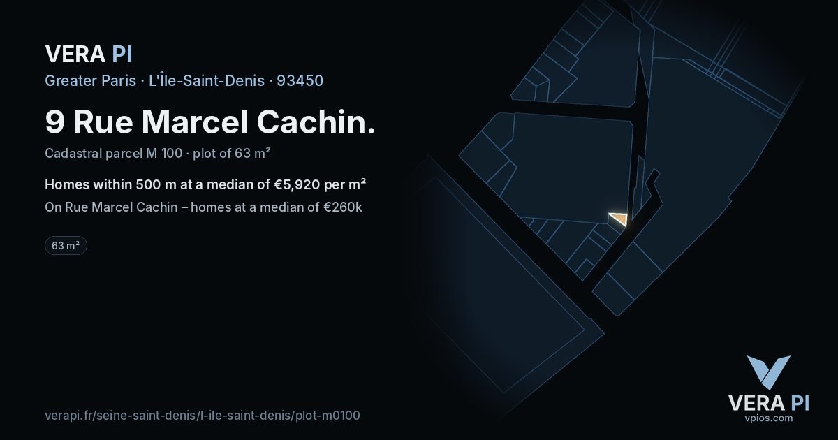 9 Rue Marcel Cachin, L'Île-Saint-Denis at night – the plot lit, the parcels around coloured by the prices near them