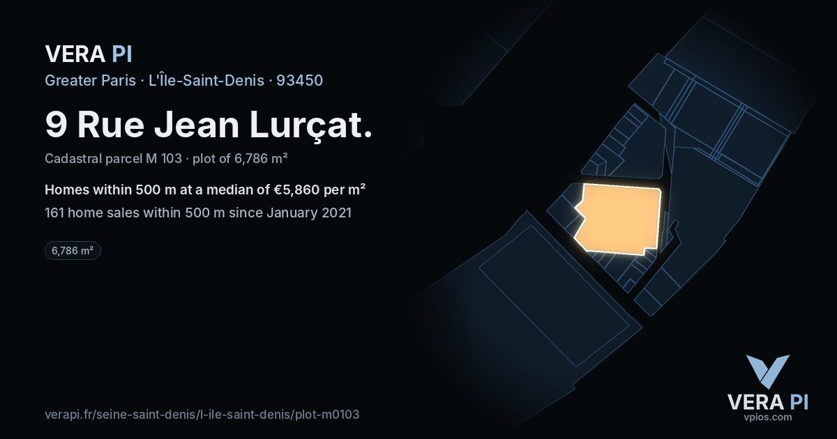 9 Rue Jean Lurçat, L'Île-Saint-Denis at night – the plot lit, the parcels around coloured by the prices near them