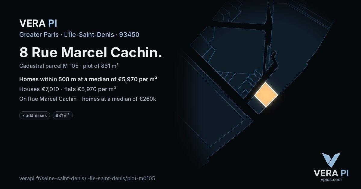 8 Rue Marcel Cachin, L'Île-Saint-Denis at night – the plot lit, the parcels around coloured by the prices near them