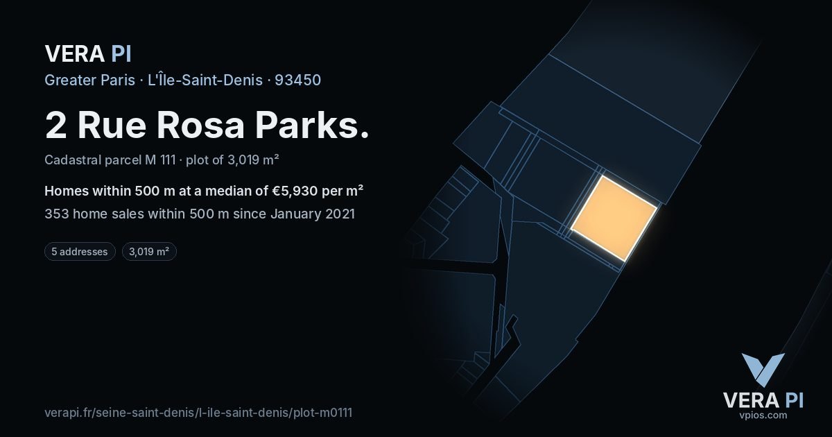 2 Rue Rosa Parks, L'Île-Saint-Denis at night – the plot lit, the parcels around coloured by the prices near them