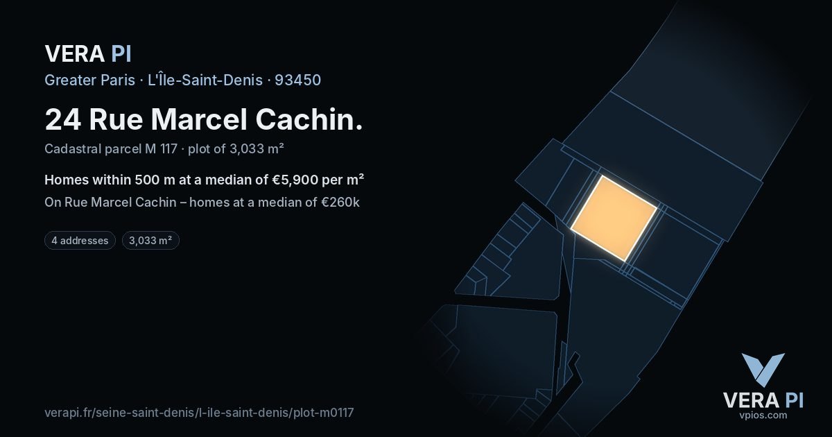 24 Rue Marcel Cachin, L'Île-Saint-Denis at night – the plot lit, the parcels around coloured by the prices near them