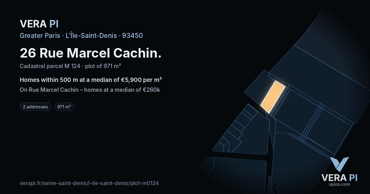 26 Rue Marcel Cachin, L'Île-Saint-Denis at night – the plot lit, the parcels around coloured by the prices near them