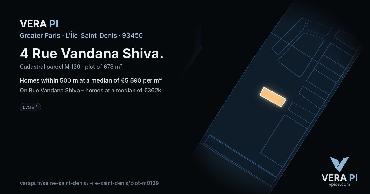 4 Rue Vandana Shiva, L'Île-Saint-Denis at night – the plot lit, the parcels around coloured by the prices near them