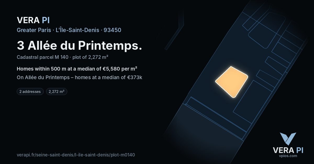3 Allée du Printemps, L'Île-Saint-Denis at night – the plot lit, the parcels around coloured by the prices near them