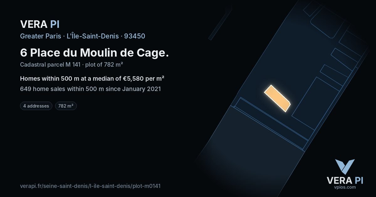 6 Place du Moulin de Cage, L'Île-Saint-Denis at night – the plot lit, the parcels around coloured by the prices near them