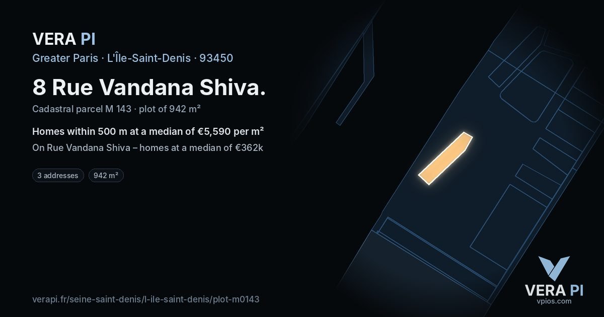8 Rue Vandana Shiva, L'Île-Saint-Denis at night – the plot lit, the parcels around coloured by the prices near them