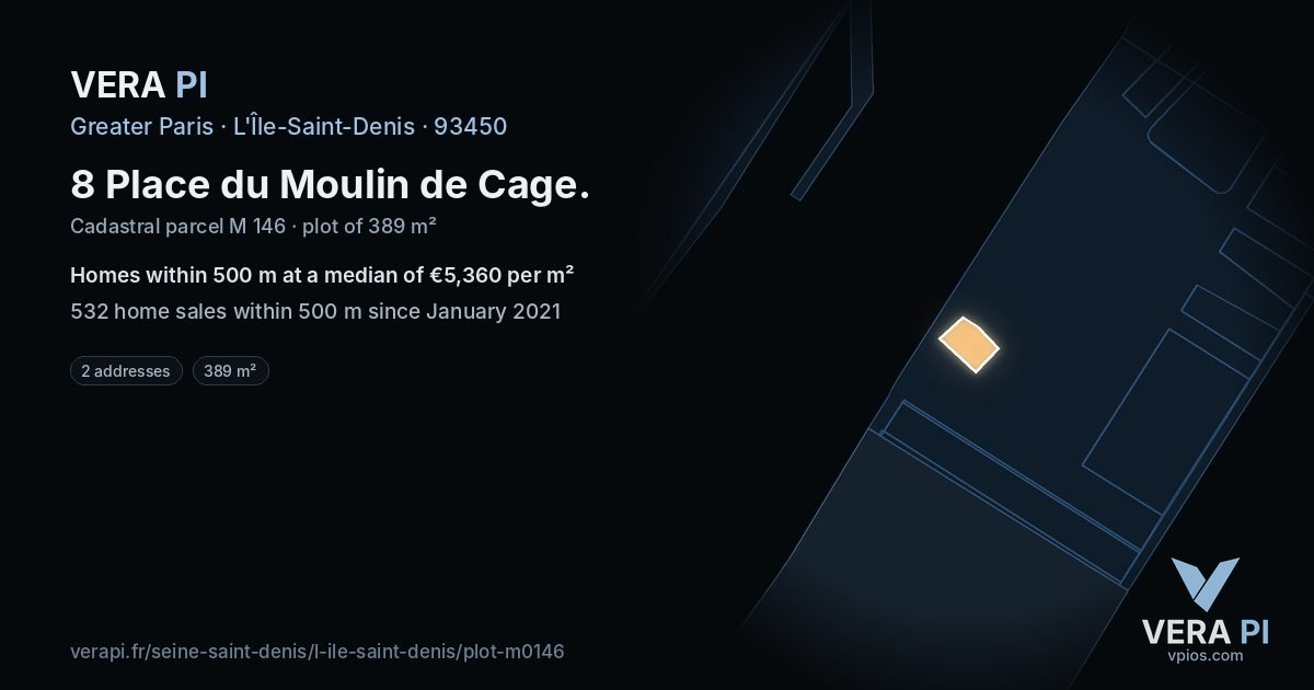 8 Place du Moulin de Cage, L'Île-Saint-Denis at night – the plot lit, the parcels around coloured by the prices near them