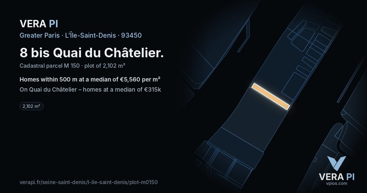 8 bis Quai du Châtelier, L'Île-Saint-Denis at night – the plot lit, the parcels around coloured by the prices near them
