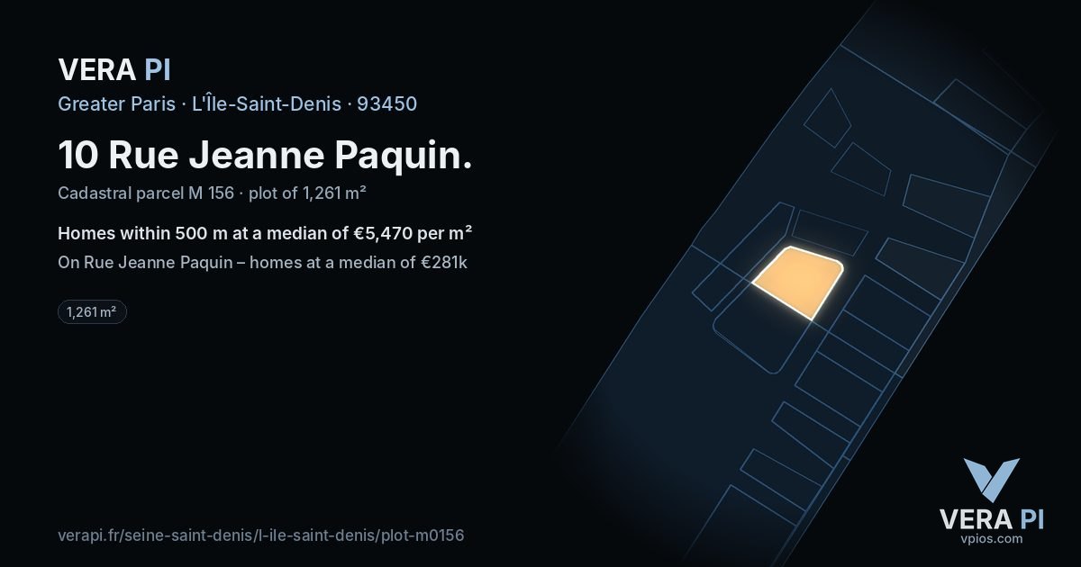 10 Rue Jeanne Paquin, L'Île-Saint-Denis at night – the plot lit, the parcels around coloured by the prices near them