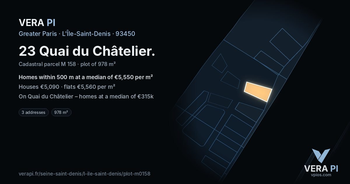 23 Quai du Châtelier, L'Île-Saint-Denis at night – the plot lit, the parcels around coloured by the prices near them
