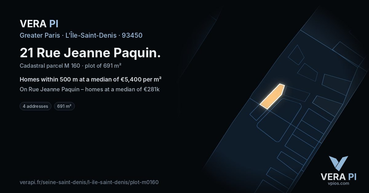 21 Rue Jeanne Paquin, L'Île-Saint-Denis at night – the plot lit, the parcels around coloured by the prices near them