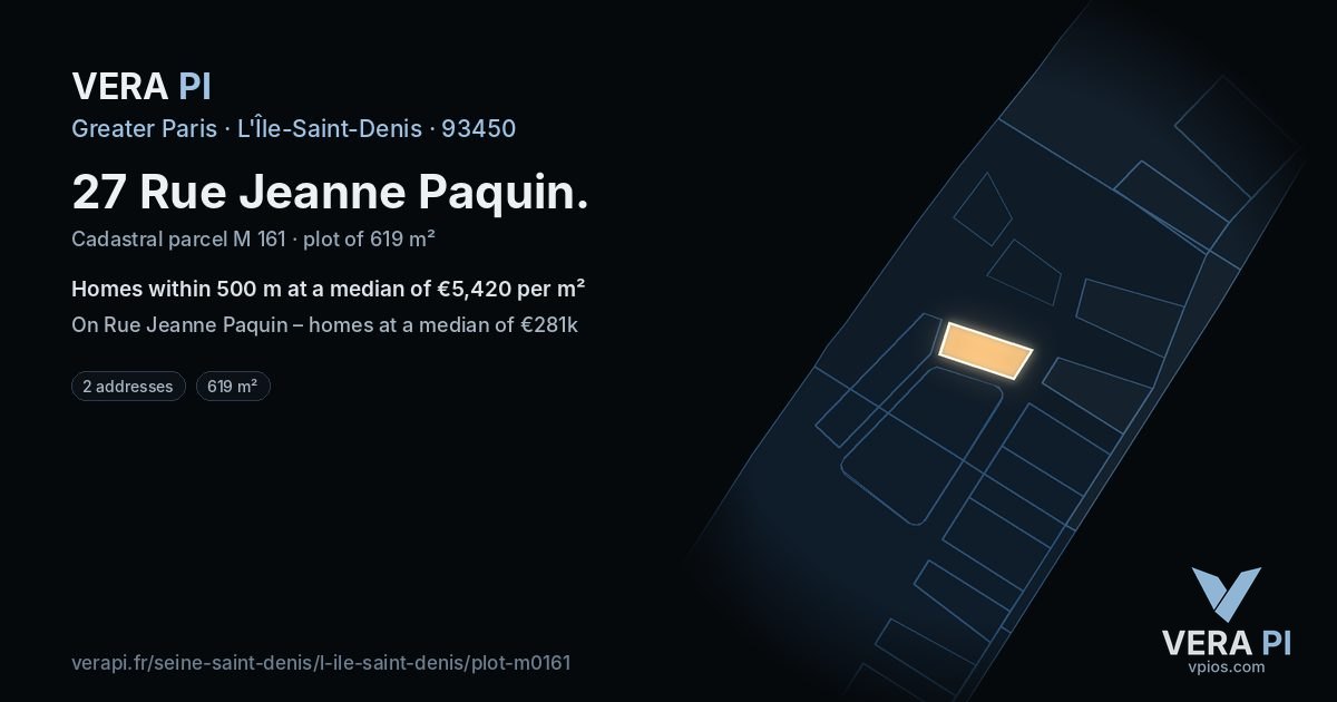 27 Rue Jeanne Paquin, L'Île-Saint-Denis at night – the plot lit, the parcels around coloured by the prices near them