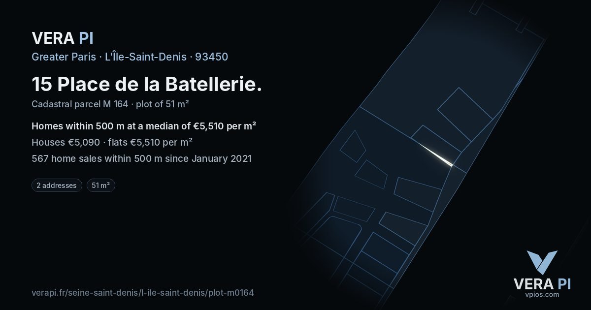 15 Place de la Batellerie, L'Île-Saint-Denis at night – the plot lit, the parcels around coloured by the prices near them