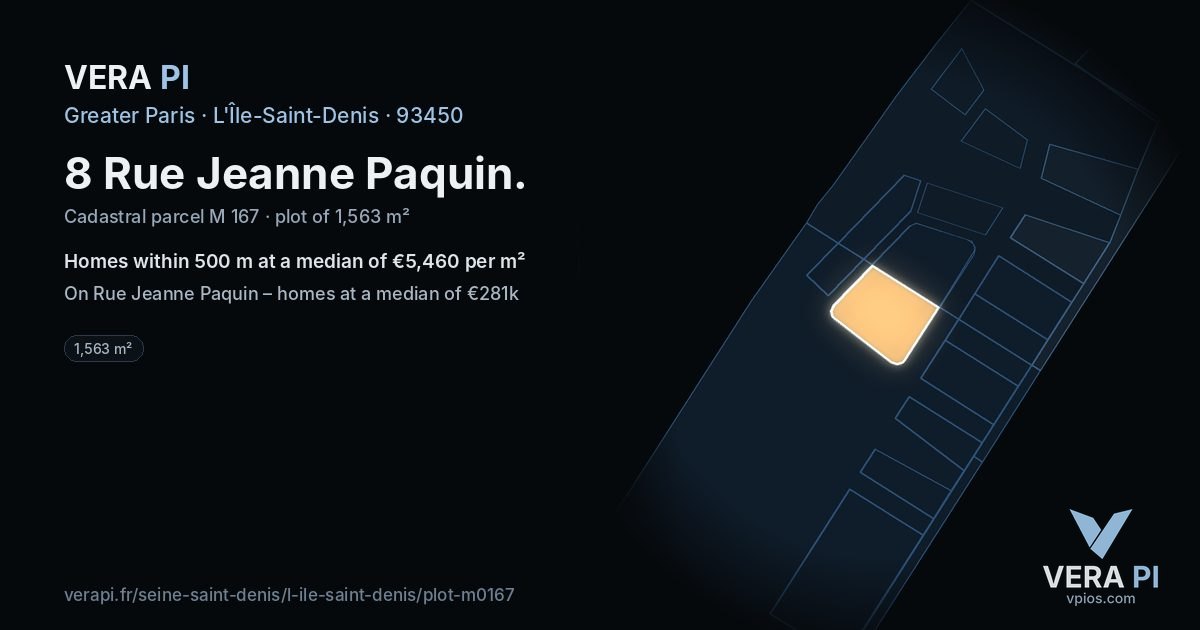 8 Rue Jeanne Paquin, L'Île-Saint-Denis at night – the plot lit, the parcels around coloured by the prices near them