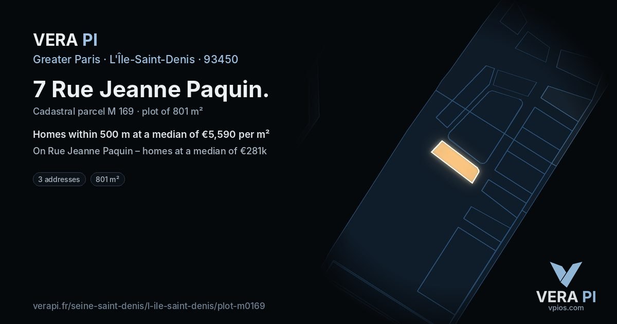 7 Rue Jeanne Paquin, L'Île-Saint-Denis at night – the plot lit, the parcels around coloured by the prices near them
