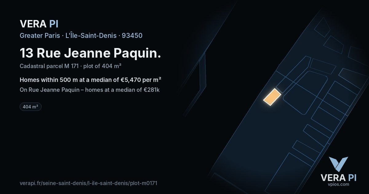 13 Rue Jeanne Paquin, L'Île-Saint-Denis at night – the plot lit, the parcels around coloured by the prices near them