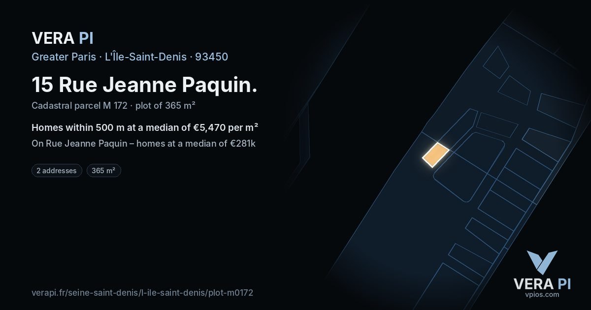 15 Rue Jeanne Paquin, L'Île-Saint-Denis at night – the plot lit, the parcels around coloured by the prices near them