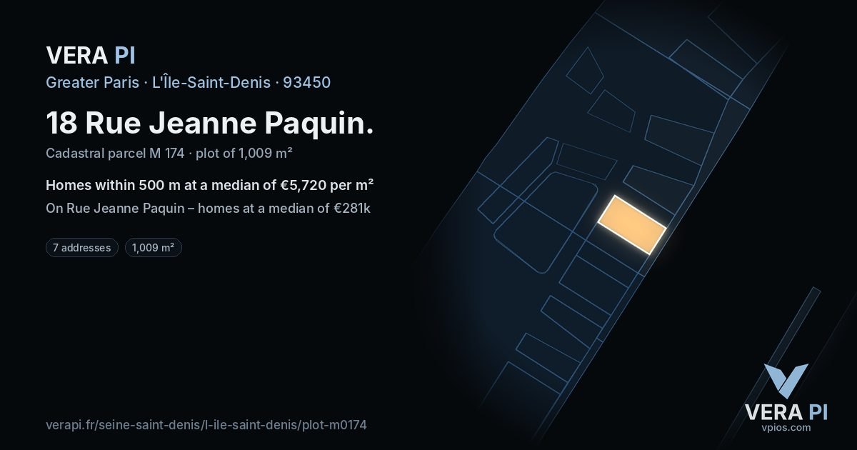 18 Rue Jeanne Paquin, L'Île-Saint-Denis at night – the plot lit, the parcels around coloured by the prices near them