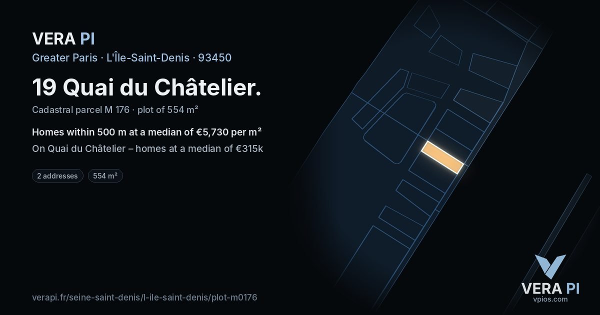 19 Quai du Châtelier, L'Île-Saint-Denis at night – the plot lit, the parcels around coloured by the prices near them