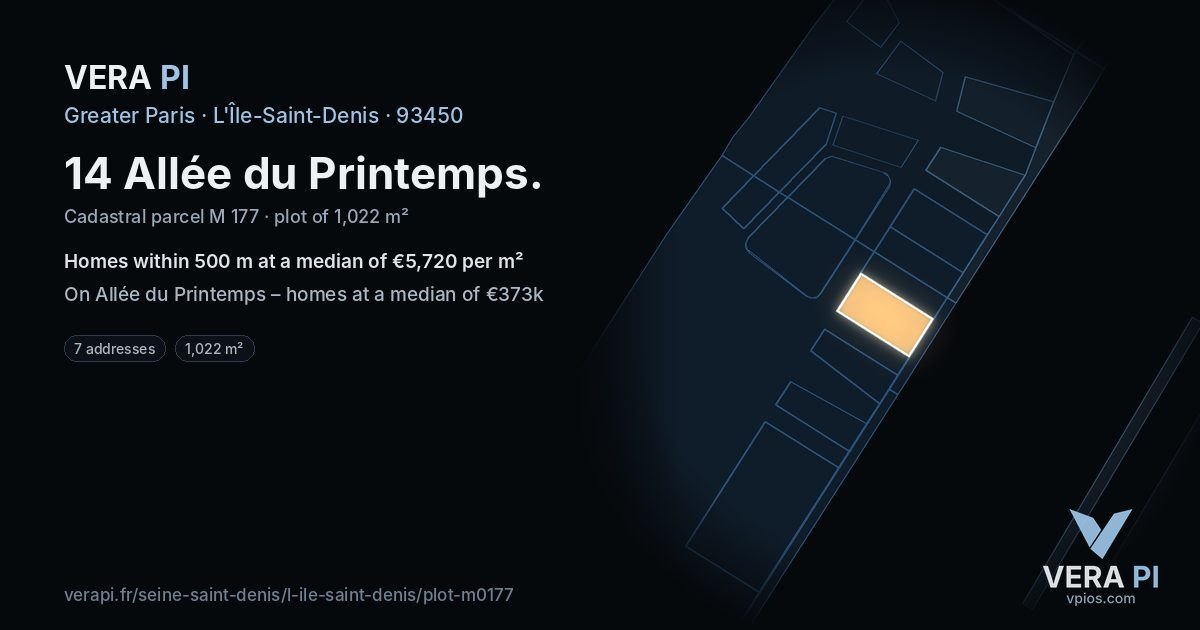 14 Allée du Printemps, L'Île-Saint-Denis at night – the plot lit, the parcels around coloured by the prices near them