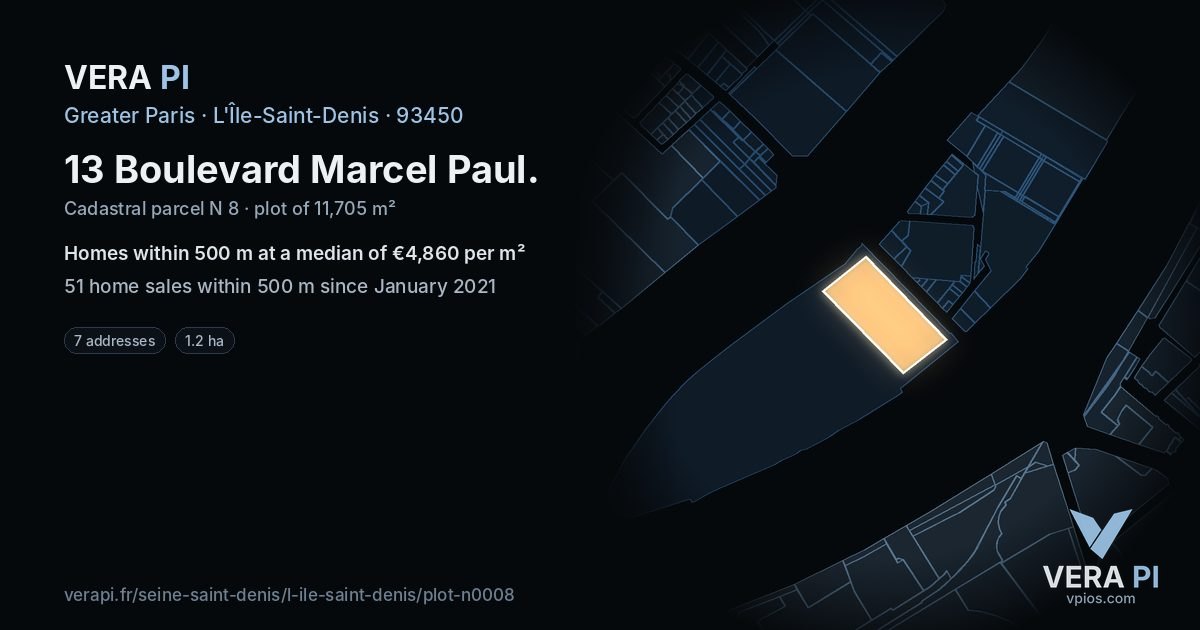 13 Boulevard Marcel Paul, L'Île-Saint-Denis at night – the plot lit, the parcels around coloured by the prices near them