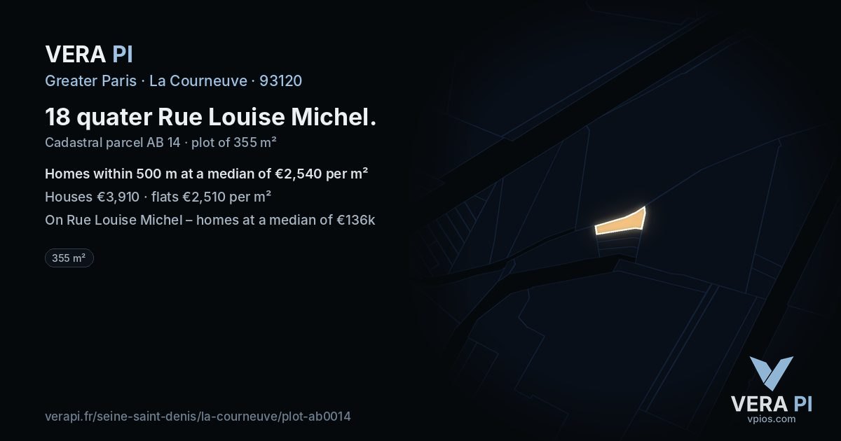 18 quater Rue Louise Michel, La Courneuve at night – the plot lit, the parcels around coloured by the prices near them