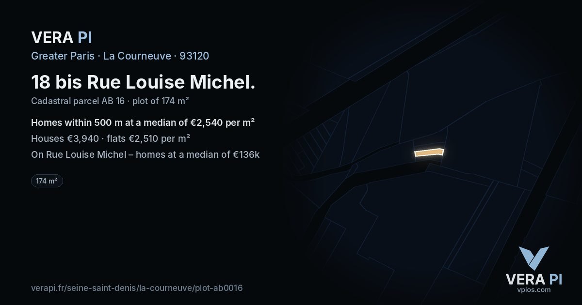 18 bis Rue Louise Michel, La Courneuve at night – the plot lit, the parcels around coloured by the prices near them