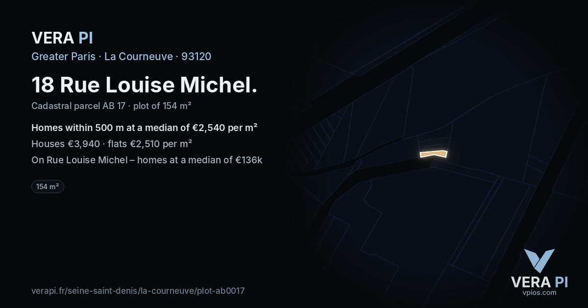 18 Rue Louise Michel, La Courneuve at night – the plot lit, the parcels around coloured by the prices near them
