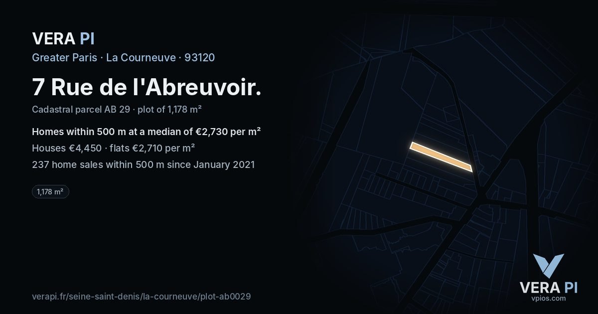 7 Rue de l'Abreuvoir, La Courneuve at night – the plot lit, the parcels around coloured by the prices near them