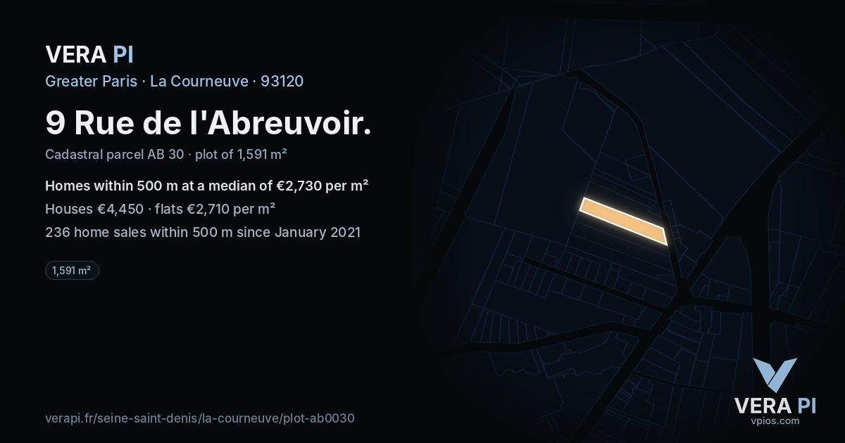 9 Rue de l'Abreuvoir, La Courneuve at night – the plot lit, the parcels around coloured by the prices near them