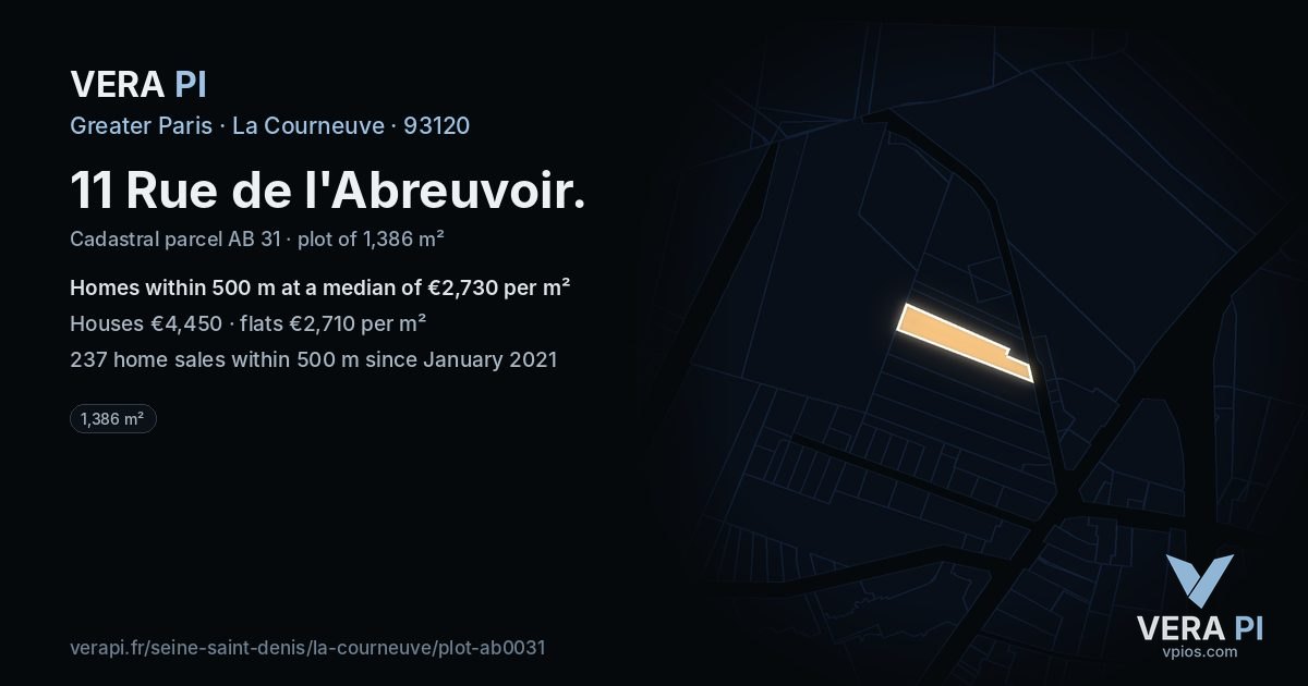 11 Rue de l'Abreuvoir, La Courneuve at night – the plot lit, the parcels around coloured by the prices near them