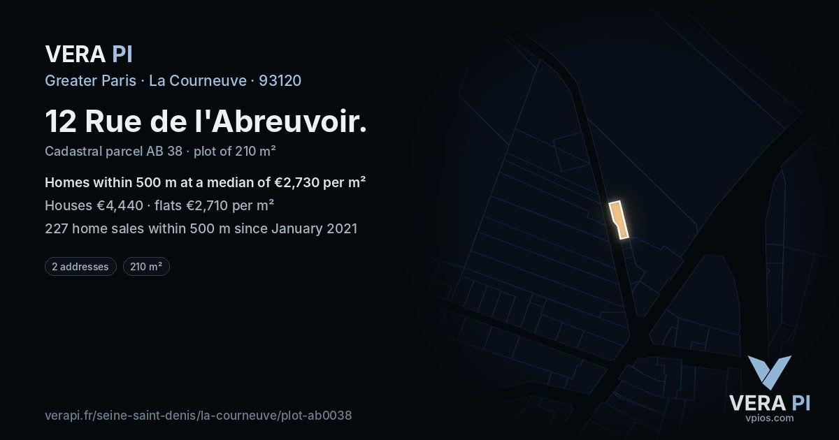 12 Rue de l'Abreuvoir, La Courneuve at night – the plot lit, the parcels around coloured by the prices near them